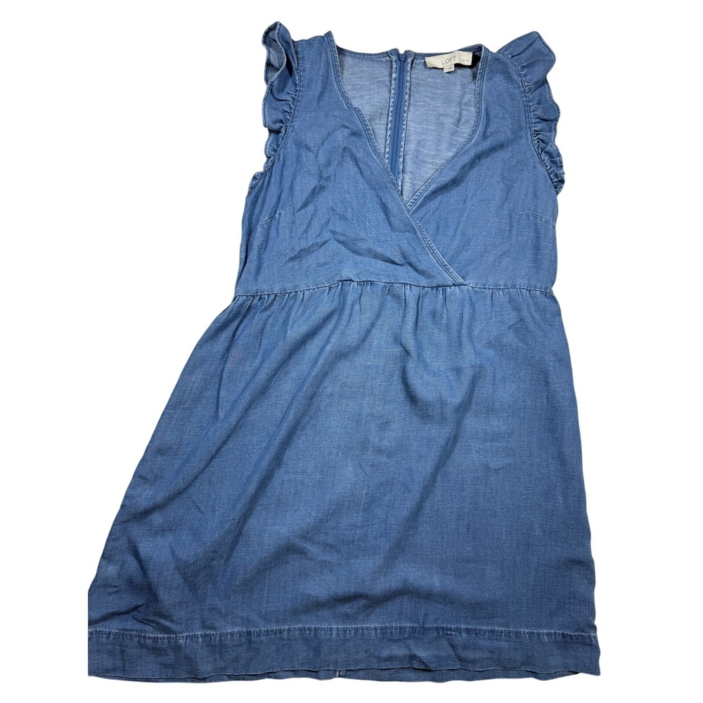 LOFT Petites Blue Denim Dress Ruffle Sleeves V Neck‎ Casual sz 4P